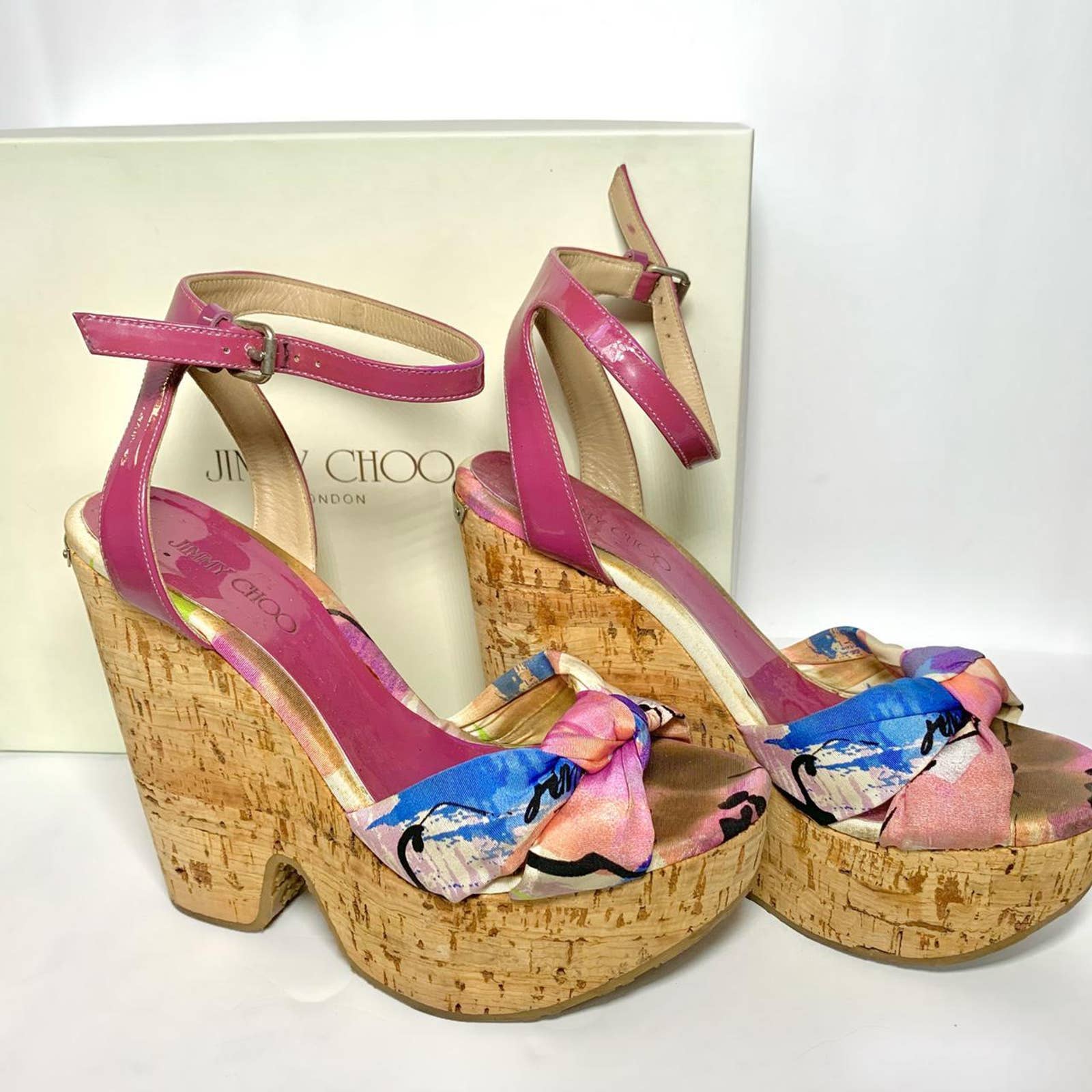 Authentic Jimmy Choo Floral Purple And Cork Platform Wedges Size 36